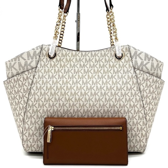 Michael Kors Large Jet Set Travel Chain Shoulder Bag & LG Trifold Wallet Vanilla - Picture 5 of 14